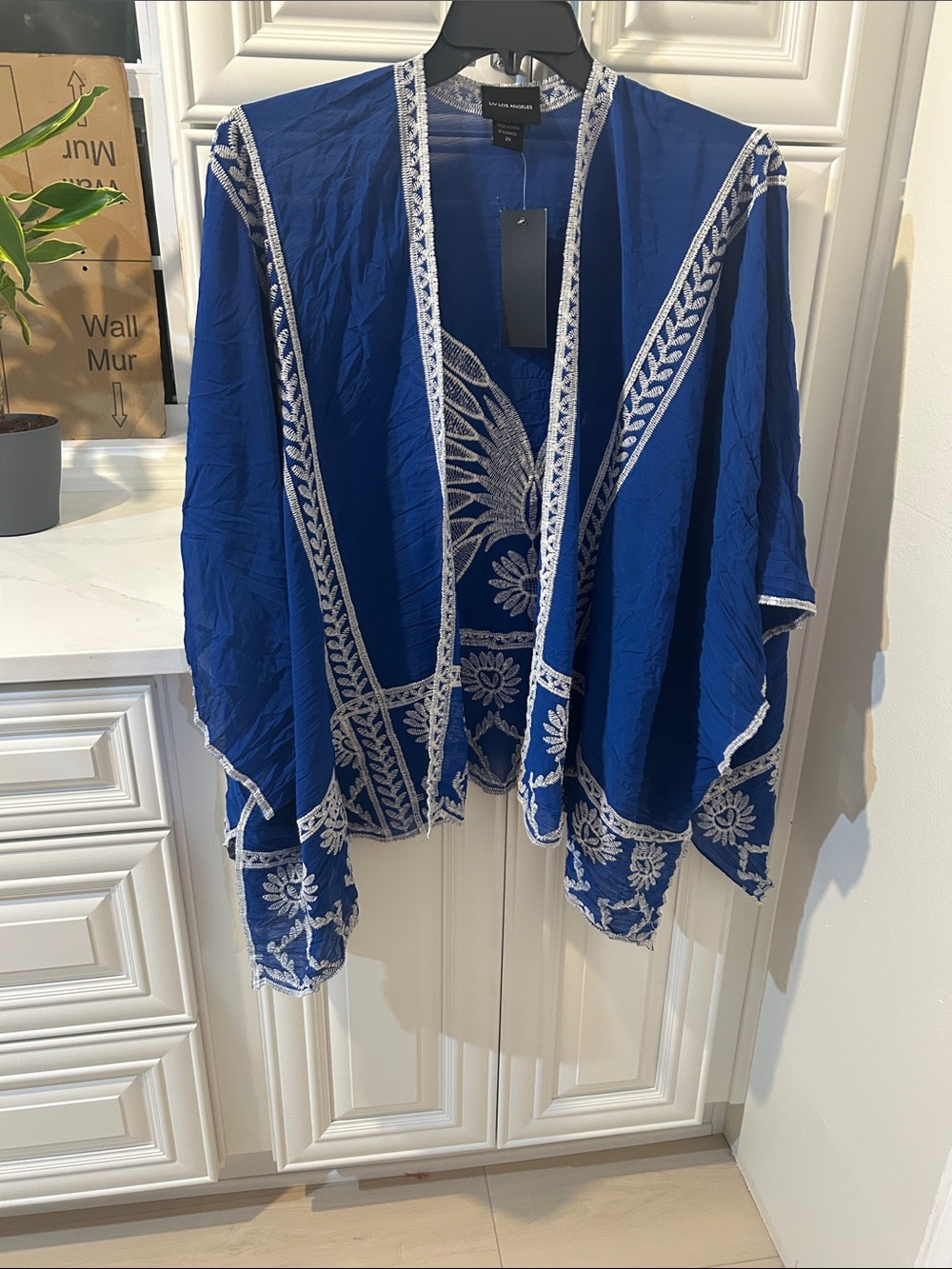 Embroidered Open-Front Cape in Royal Blue by Veronica M.